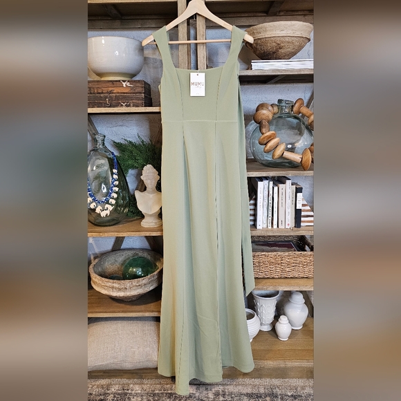 Mumu Paris Dress Formal Maxi Squareneck Side Slit Matching Sash Moss Green NWT - Picture 11 of 11